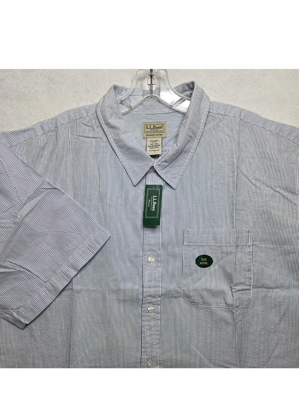 LL Bean NWT Organic Cotton Short Sleeve Shirt XXXLT Blue White Stripe Seersucker